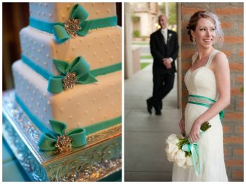 wedding dress with turquoise ribbon