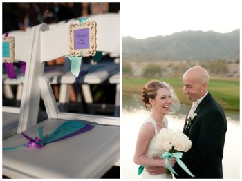 purple and turquoise wedding ceremony fans