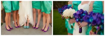 Turquoise bridesmaid dresses with purple shoes