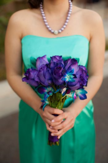 turquoise dress and purple bouquet