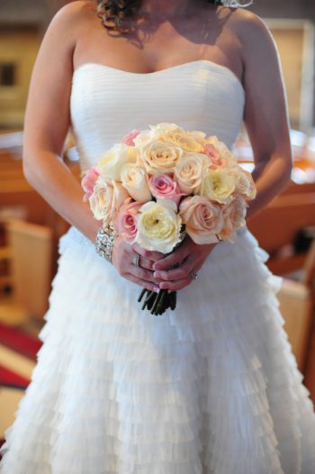 colorado bride holding pink and white wedding bouquet