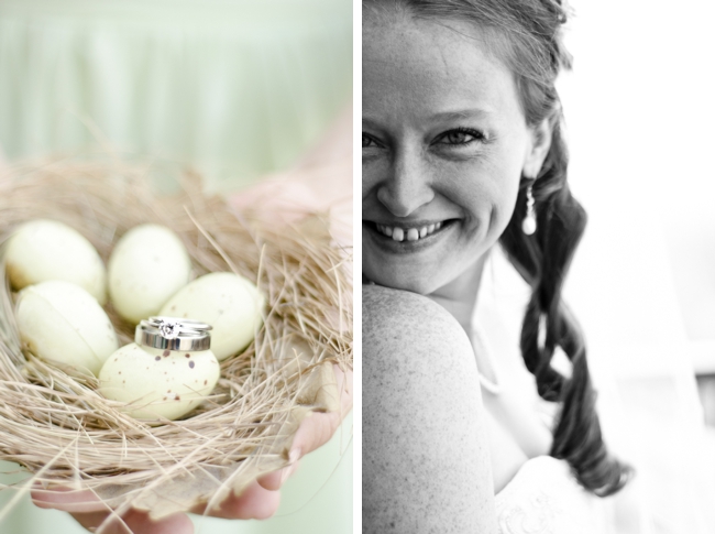 wedding ring nest and smiling bride