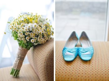 wildflower daisy bouquet and turquoise flats