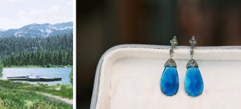 blue drop earrings and view of twin lakes in Mammoth Lakes