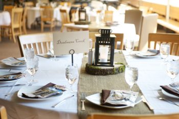 burlap table runner and wooden round Mammoth Lakes Wedding