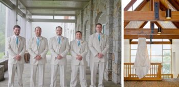 tan groomsmen's suit and turquoise tie