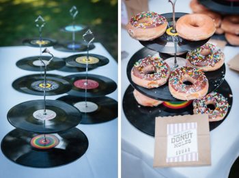 donuts on vintage record stand