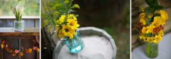 rustic flowers in blue mason jars