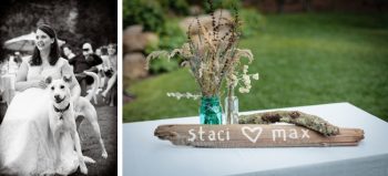bride listening and bride and groom wooden sign