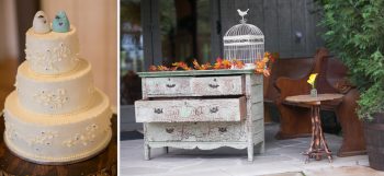 vintage dresser and love bird wedding cake