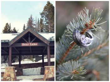 bear lake entrance and wedding bands on pine tree