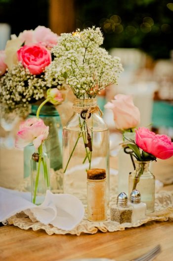 vintage centerpieces with mason jars and old keys