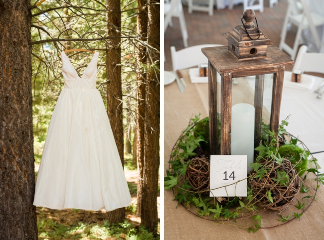 tahoe weding gown in the trees and lantern centerpiece