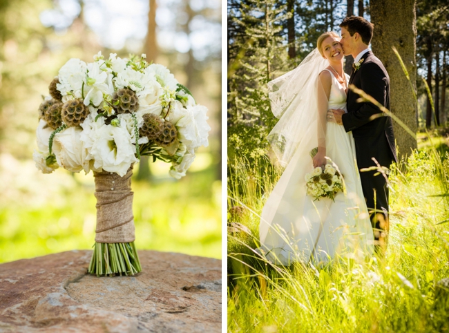 rustic bouquet and bride and groom in a meadow