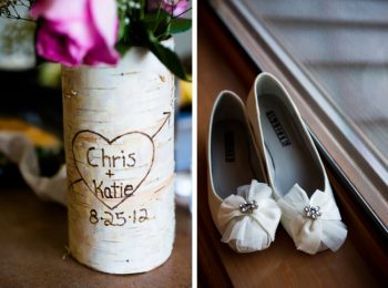 Carved birch vase and ivory wedding shoes in Colorado Springs, CO