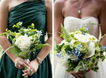 green bridesmaids dresses with white bouquets