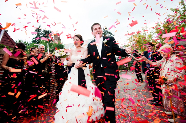 confetti thrown at bride and groom