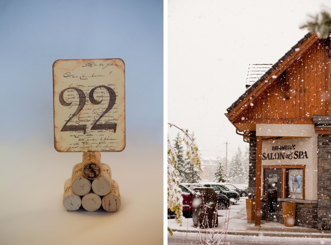 mountain snow at a June Wedding and wine cork table number