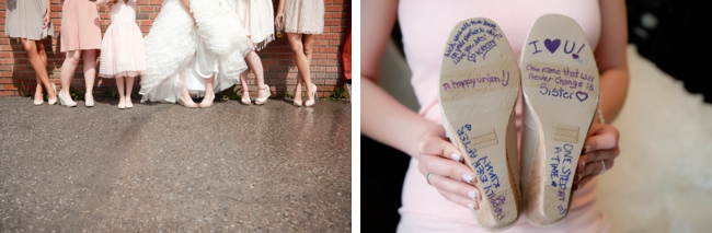signed wedding shoes and pink bridemaids dresses