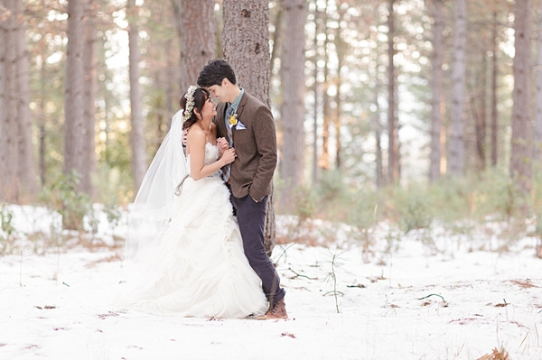 Winter bride and groom in a forest