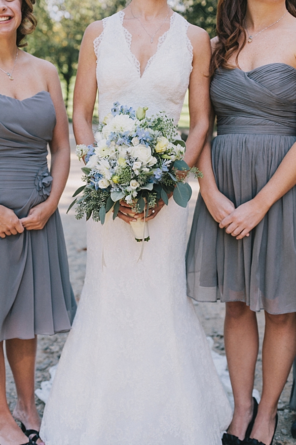 blue and white rustic elegant bouquet and gray bridesmaids dresses