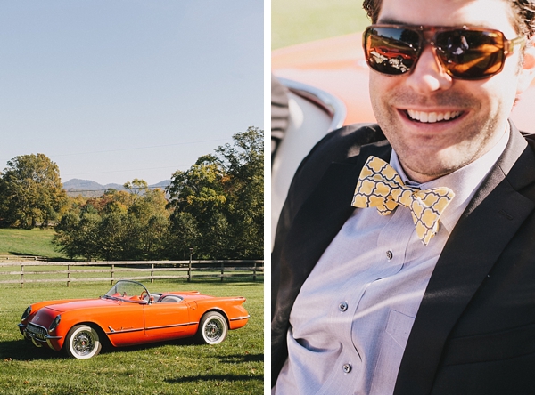 groom with vintage orange corvette