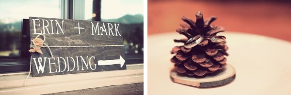 wooden wedding sign and pincecone with wedding rings