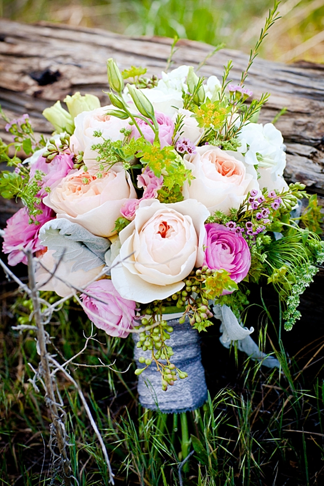 gorgeous pink, peach and green rustic elegant rose bouquet