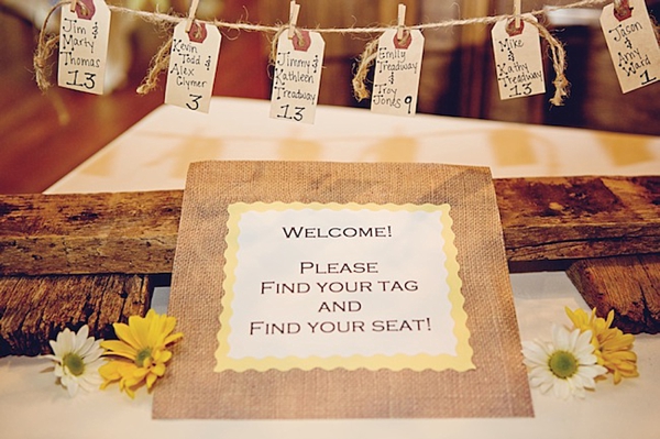 burlap welcome sign and rustic escort cards