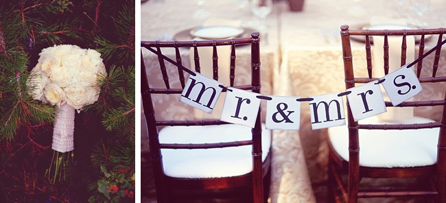 white bouquet and Mr & Mrs chair signs