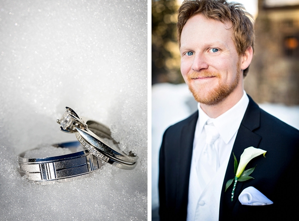 wedding rings in snow with groom