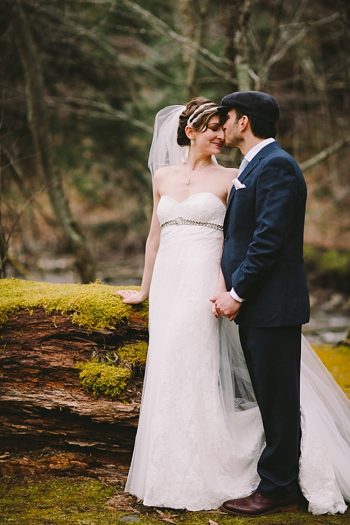 NY mountai bride and groom embrace