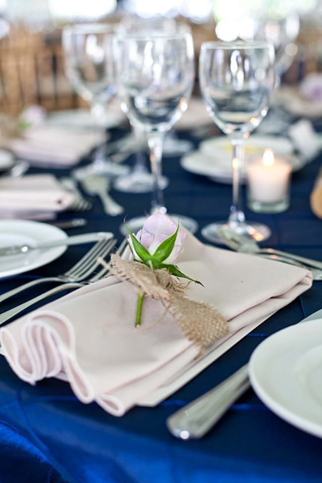 burlap wrapped napkin on a navy tablecloth | New Hampshire Mountain Wedding