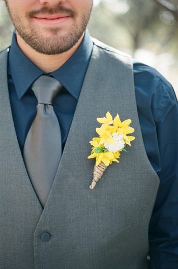 navy groom's shirt with yellow bout by Gaby J Photography