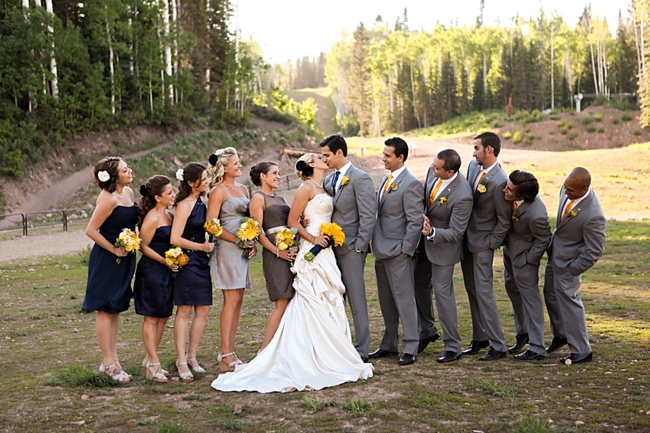 yellow and gray wedding party attire