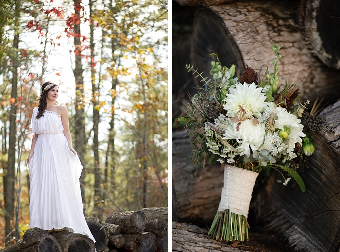 greek-inspired wedding gown and rustic elegant bouquet  from https://mountainsidebride.com