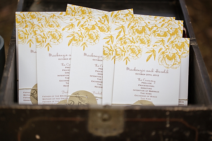 rustic yellow and white ceremony cards  from https://mountainsidebride.com