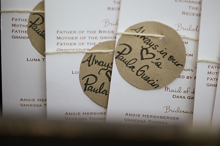 rustic tags with couples names for ceremony programs  more on https://mountainsidebride.com