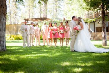 bridal party in romantic pink and peach dresses https://mountainsidebride.com