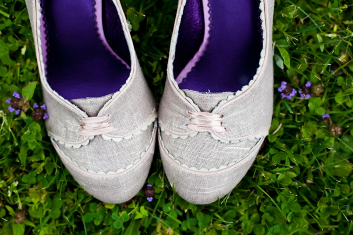 Tweed wedding shoes with purple lining and lace-up toe for a down to earth Vermont Wedding