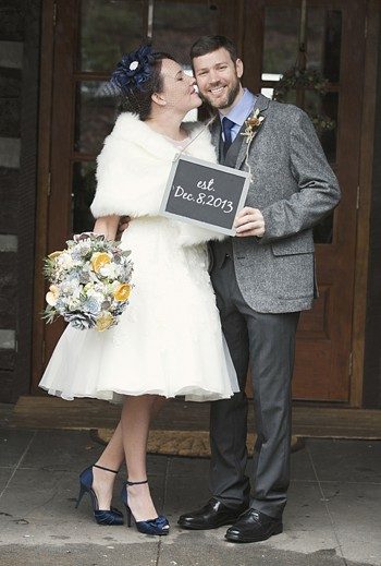winter bride and groom chalkboard sign