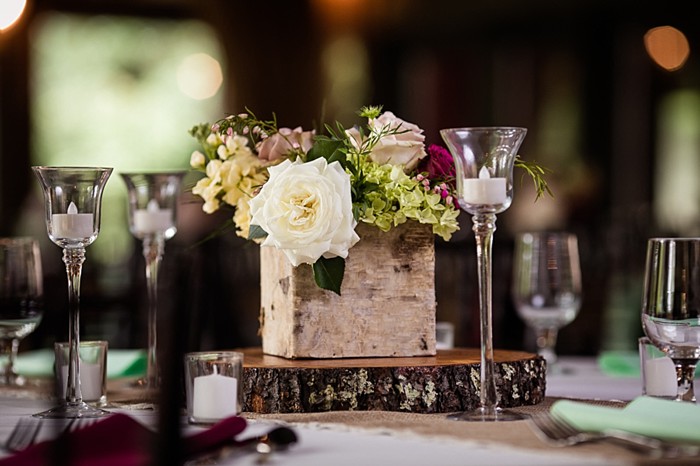 rustic maroon and white centerpiece western North Carolina handmade wedding by Shutter Love Photography