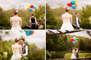 first look with colorful balloons western North Carolina handmade wedding by Shutter Love Photography