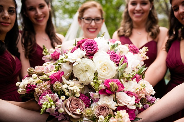 bridesmaids in maroon dresses with bouquets western North Carolina handmade wedding by Shutter Love Photography