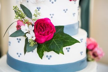 blue and pink wedding cake | Photography by Anne Skidmore via @mtnsidebride