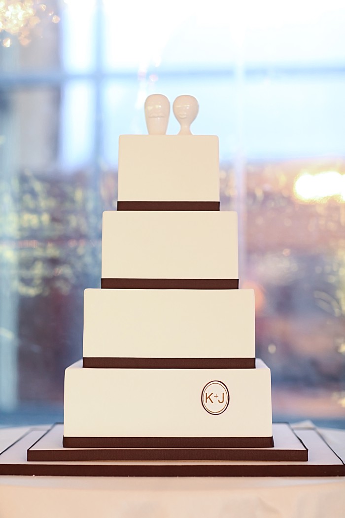 Modern square wedding cake with brown ribbon and a monogram | Deer Valley Utah Wedding | Pepper Nix Photography