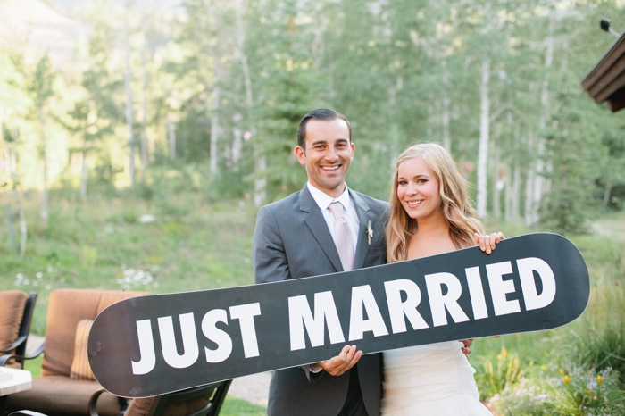just married snowboard | Park City Luxury Home Wedding