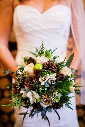 Pine Cone bouquet | winter Revelstoke wedding | Christina Louise Photography