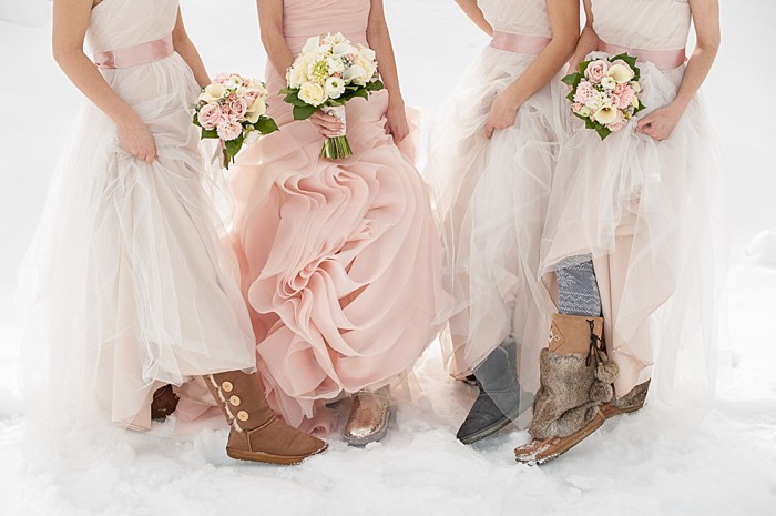 pink wedding gown with white bridesmaids dresses | Lake Louise winter wedding | Orange Girl photography