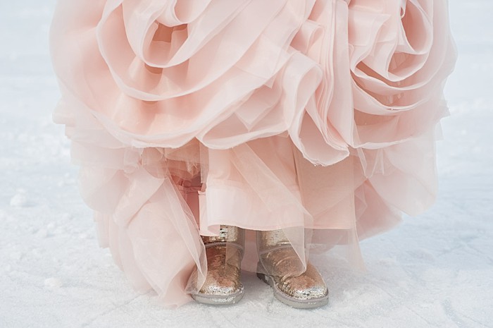 pink wedding dress with gold sequined uggs | Lake Louise winter wedding | Orange Girl photography